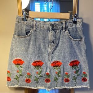 Rose Embroidered Jean Skirt